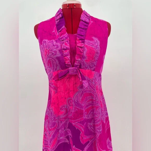 1960s Vibrant Neon Pink Hawaiian Maxi Sundress With Psychedelic Print - Picture 6 of 9